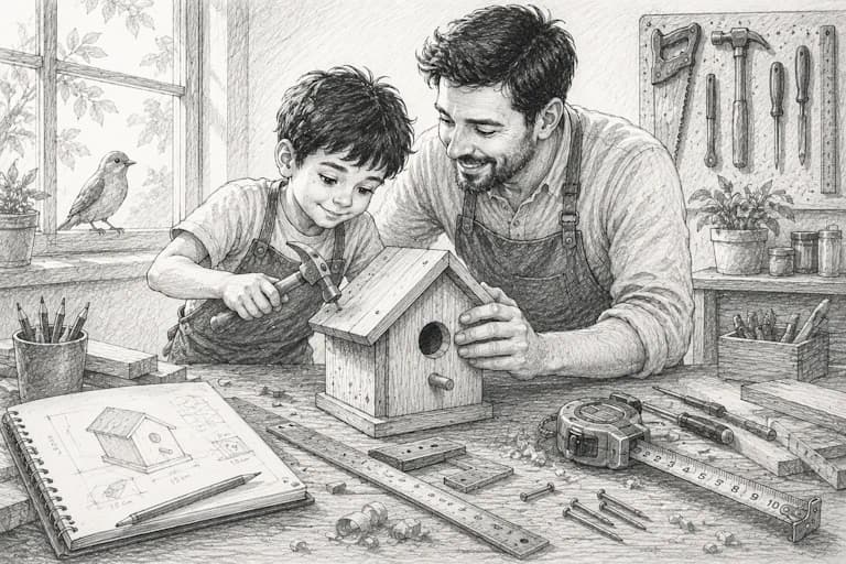 A father and child building a birdhouse together in a pencil sketch illustration.