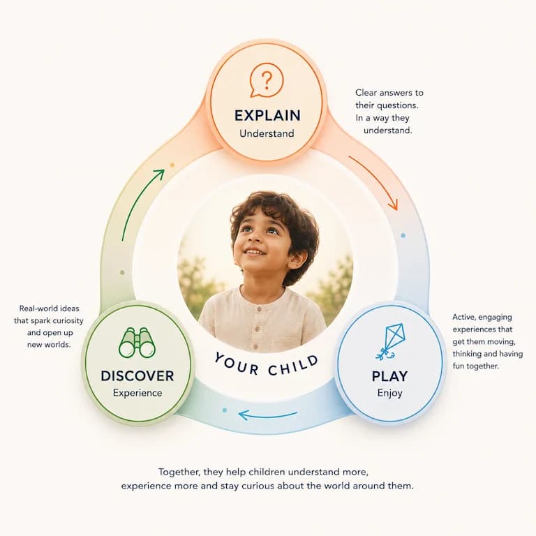 Explain, Discover and Play come together around the child.