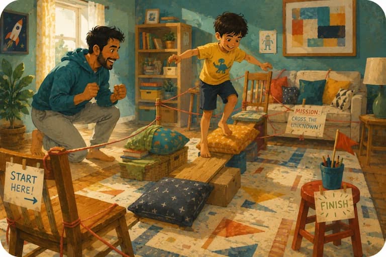 A father and son enjoying an active challenge together at home.